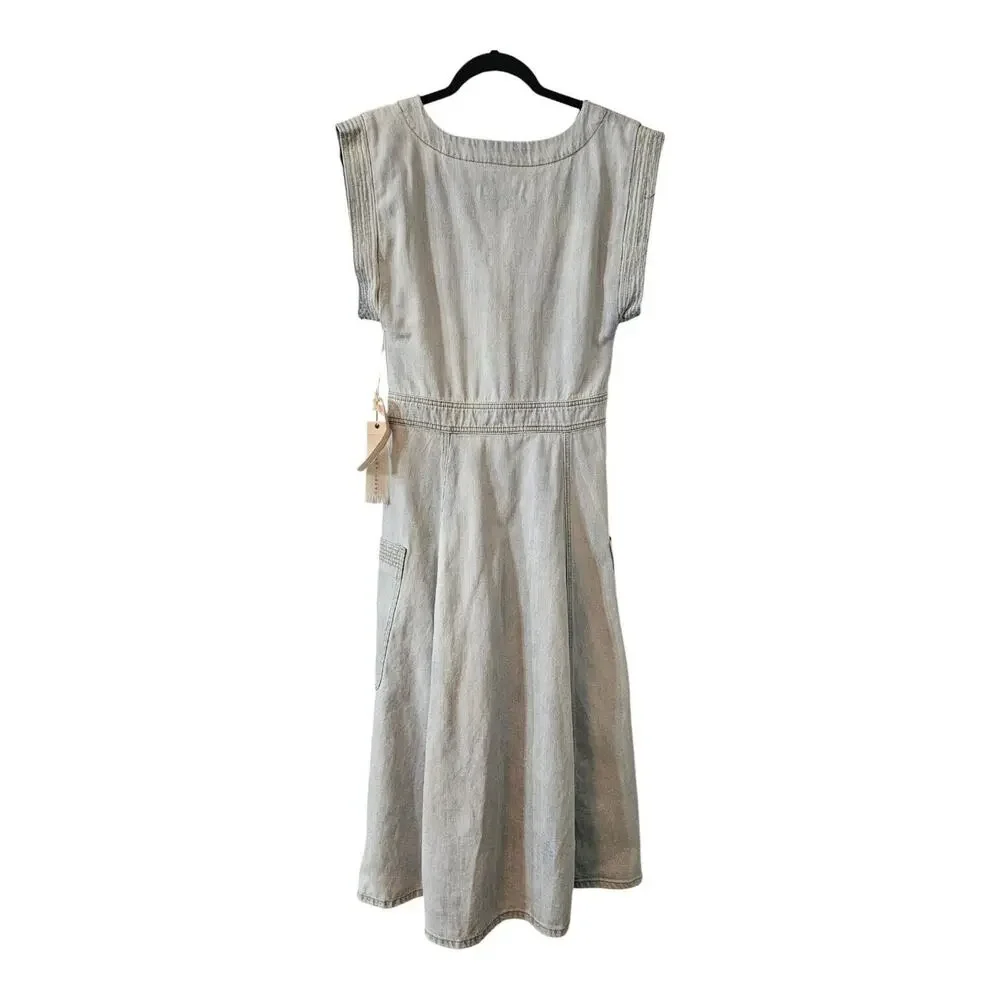 Happy X Nature Kate Hudson NWT Glide Light Wash Denim Midi Dress Size 2 Pockets - Picture 2 of 10